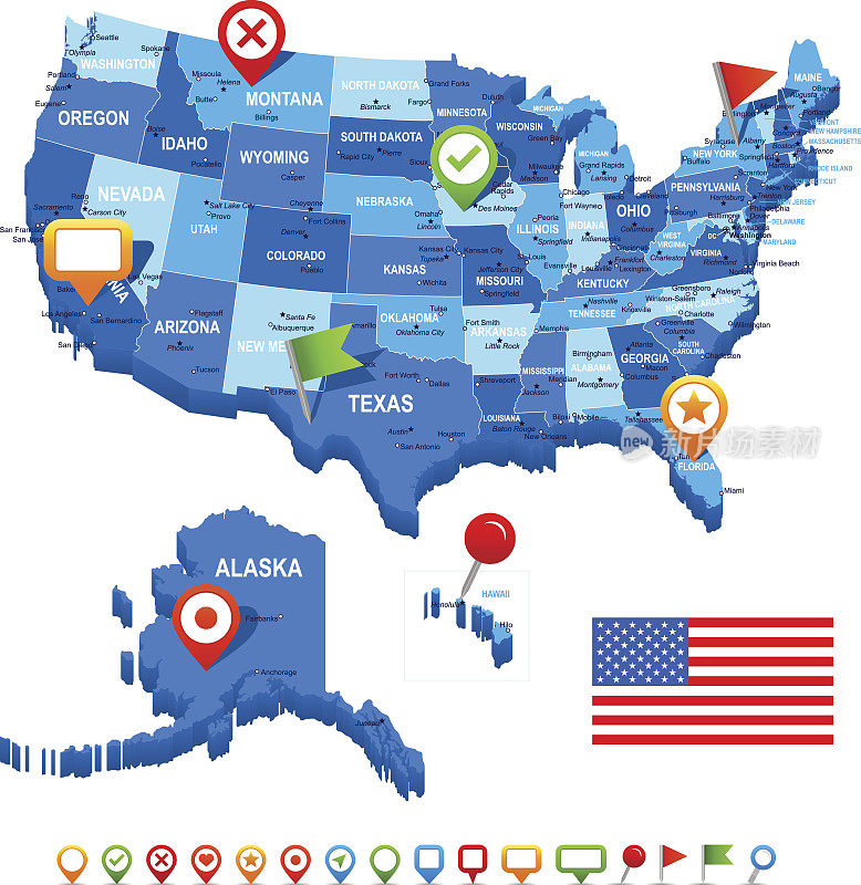 美国(USA) -地图，旗帜和导航图标-插图